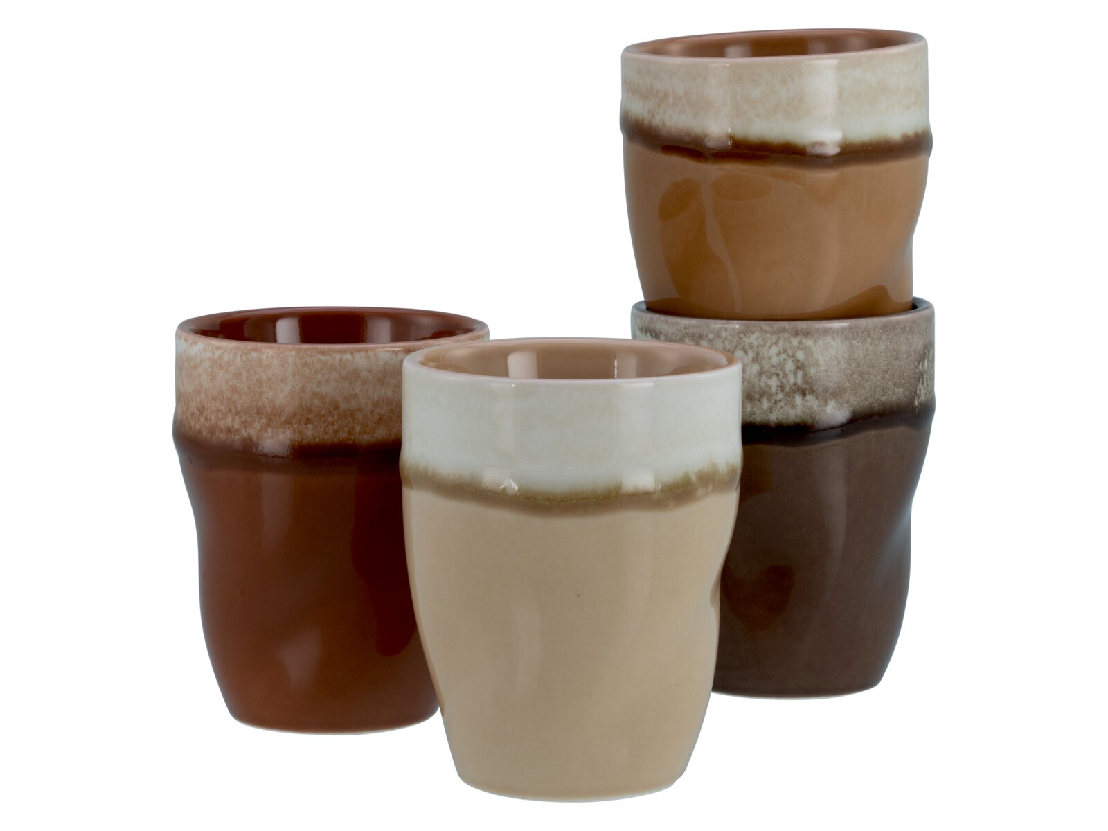 Creatable Kaffeebecher 4-tlg SQUEEZY Drei glasierte Keramikbecher in Braun-, Beige- und Grautönen mit zweifarbiger Glasur, frontal in leichter Schrägansicht fotografiert