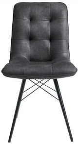 Vorderansicht eines modernen, gepolsterten Stuhls der Serie KAROL mit schwarzem Metallgestell und grauem Bezug.