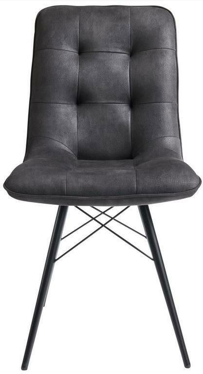 Vorderansicht eines modernen, gepolsterten Stuhls der Serie KAROL mit schwarzem Metallgestell und grauem Bezug.