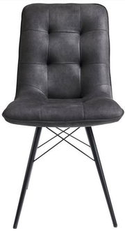 Vorderansicht eines modernen, gepolsterten Stuhls der Serie KAROL mit schwarzem Metallgestell und grauem Bezug.