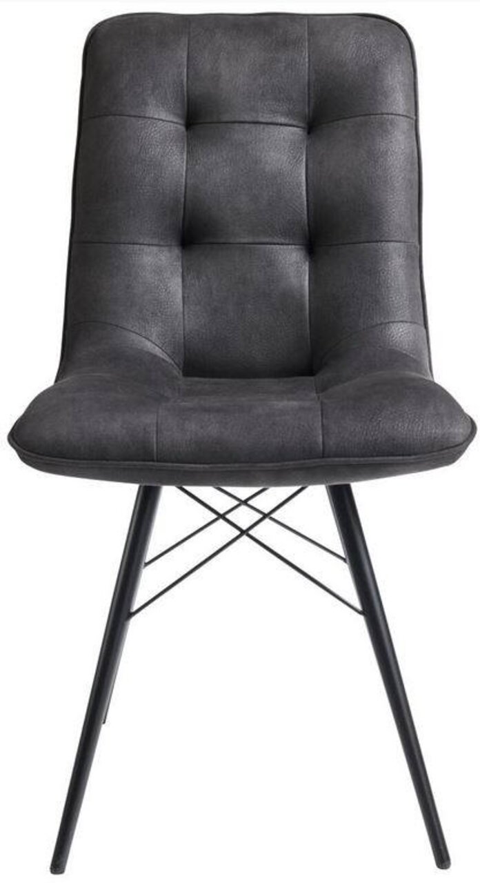 Vooraanzicht van een moderne, gestoffeerde stoel uit de KAROL-serie met een zwart metalen frame en een grijze bekleding.