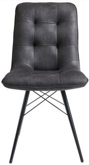 Vorderansicht eines modernen, gepolsterten Stuhls der Serie KAROL mit schwarzem Metallgestell und grauem Bezug.