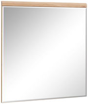 Moderner rechteckiger Spiegel mit Holzleiste oben, seitliche Perspektive