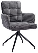 Grauer Armlehnstuhl mit gestepptem Stoffbezug und schwarzem Metallgestell, seitliche Perspektive