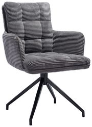 Grauer Armlehnstuhl mit gestepptem Stoffbezug und schwarzem Metallgestell, seitliche Perspektive