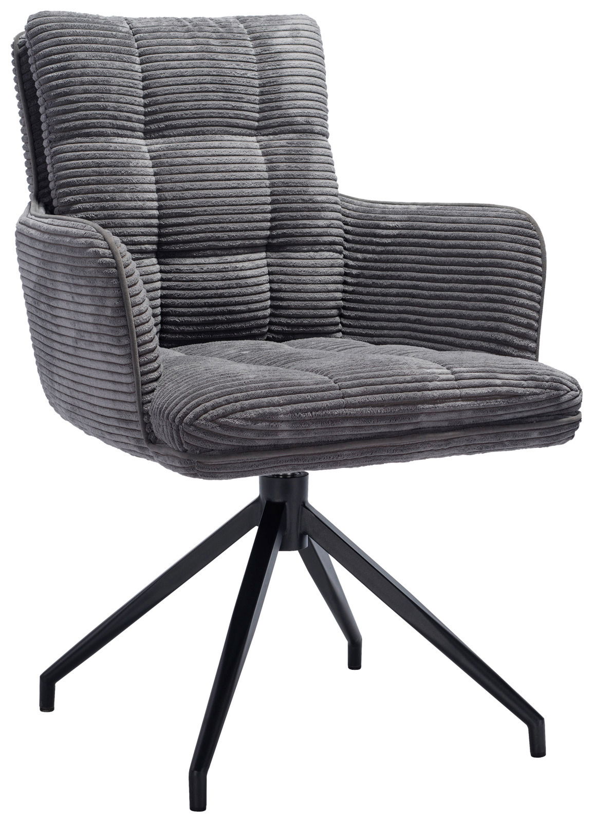 Stylife Armlehnstuhl POLLY Grauer Armlehnstuhl mit gestepptem Stoffbezug und schwarzem Metallgestell, seitliche Perspektive