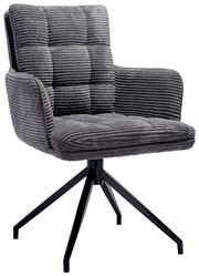 Grauer Armlehnstuhl mit gestepptem Stoffbezug und schwarzem Metallgestell, seitliche Perspektive