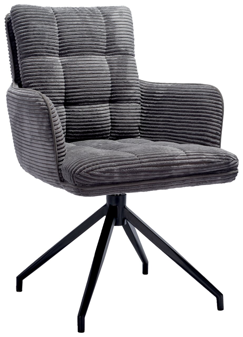 Stylife Armlehnstuhl POLLY Grauer Armlehnstuhl mit gestepptem Stoffbezug und schwarzem Metallgestell, seitliche Perspektive