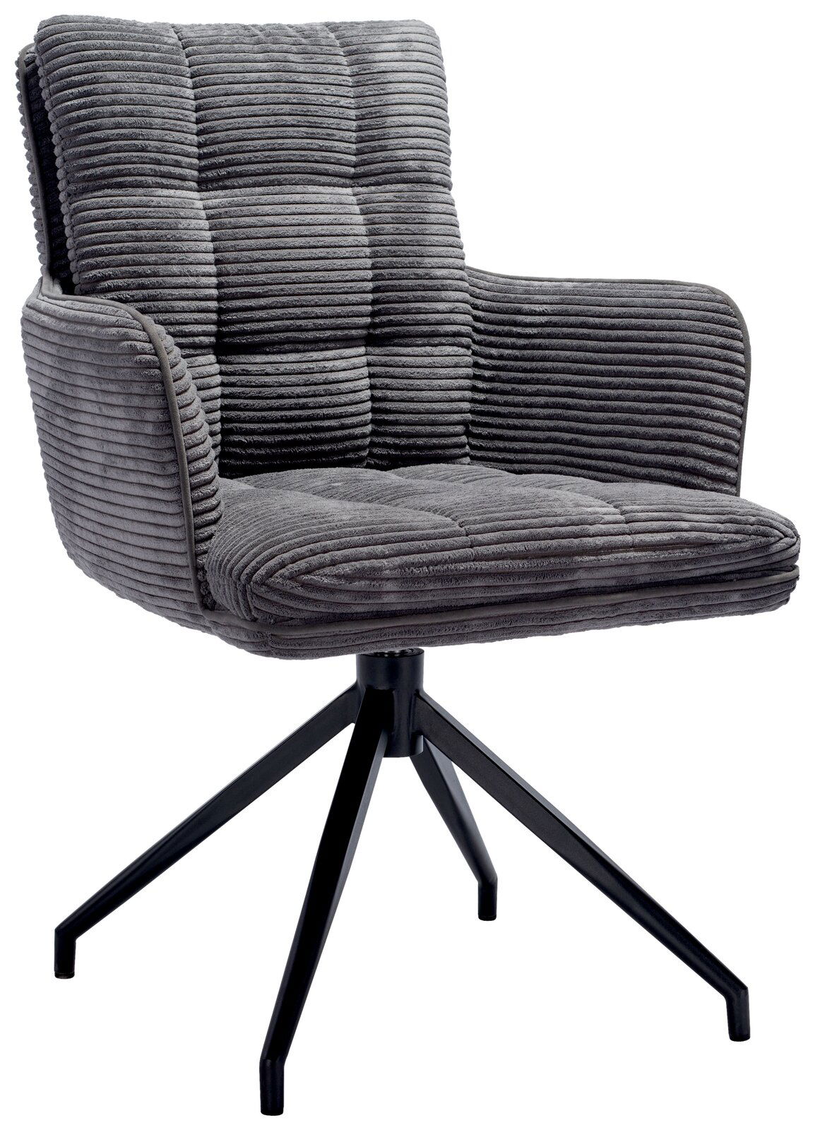 Stylife Armlehnstuhl POLLY Grauer Armlehnstuhl mit gestepptem Stoffbezug und schwarzem Metallgestell, seitliche Perspektive