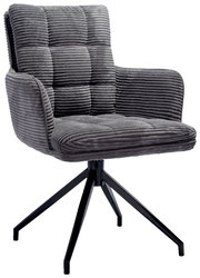 Grauer Armlehnstuhl mit gestepptem Stoffbezug und schwarzem Metallgestell, seitliche Perspektive