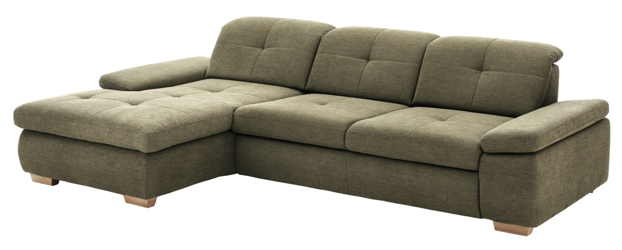 Grüne Longchairkombination mit drei Sitzplätzen und einem linken Longchair, aus einer leicht erhöhten Perspektive fotografiert.