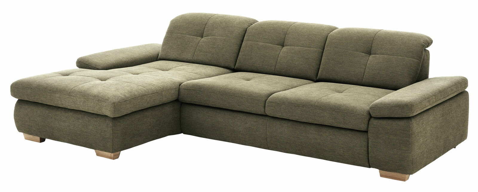 Grüne Longchairkombination mit drei Sitzplätzen und einem linken Longchair, aus einer leicht erhöhten Perspektive fotografiert.