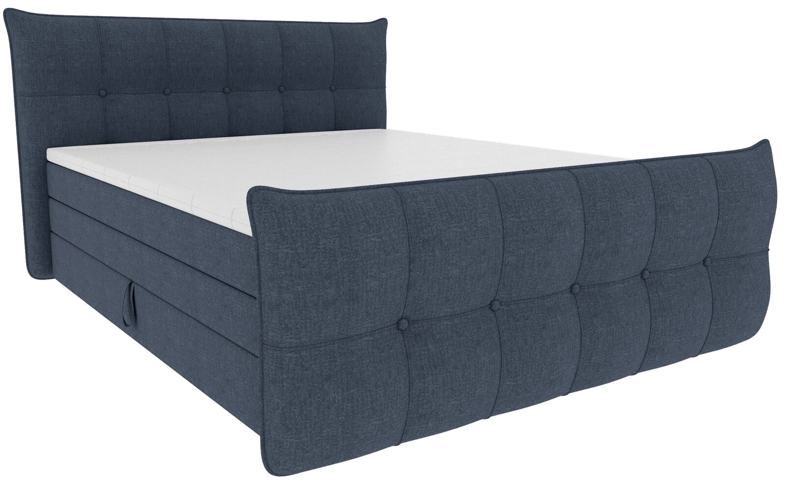 Blaues Boxspringbett mit gepolstertem, gestepptem Kopf- und Fußteil und weißer Matratze, schräg von vorne rechts fotografiert.