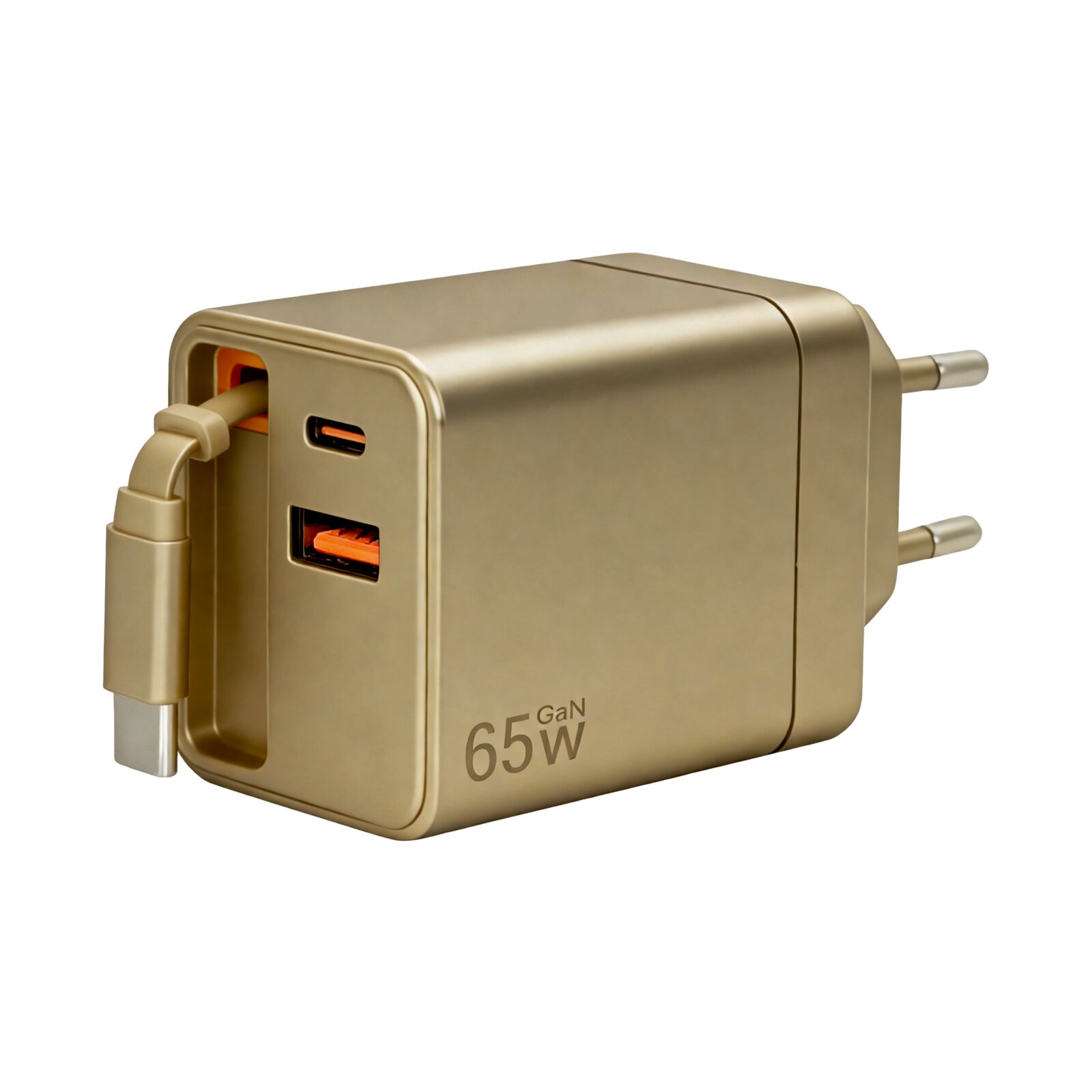 Goldfarbenes 65W-GaN-USB-Ladegerät mit EU-Stecker, USB-C- und USB-A-Anschluss sowie integriertem ausziehbarem Kabel, gezeigt in schräger Vorderansicht von links