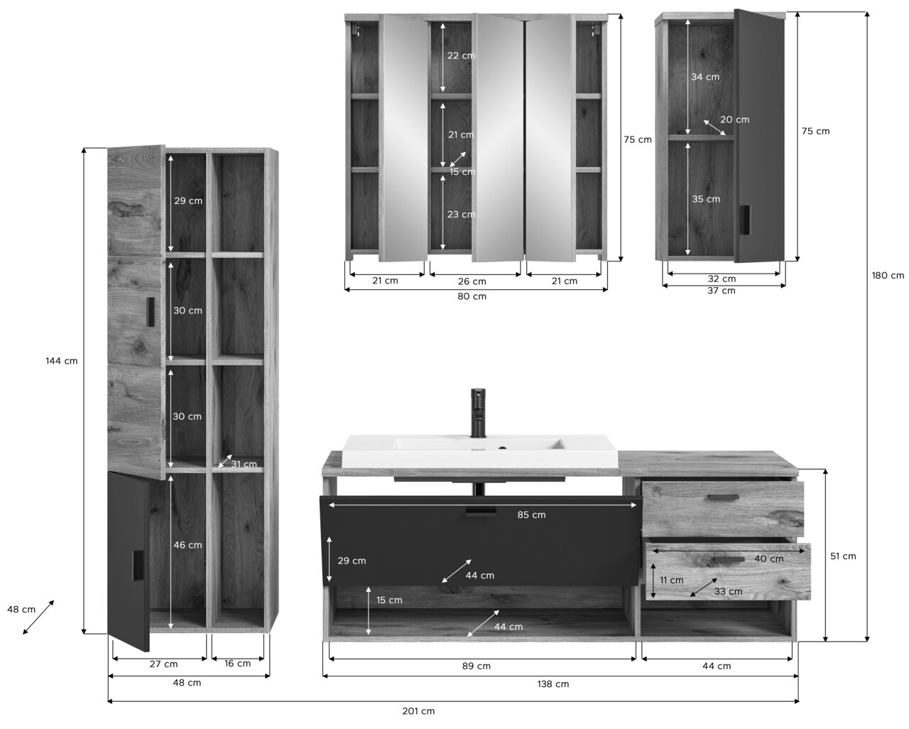 Badkombination mit Waschbecken, Spiegel und Schränken in Holzoptik, Frontansicht