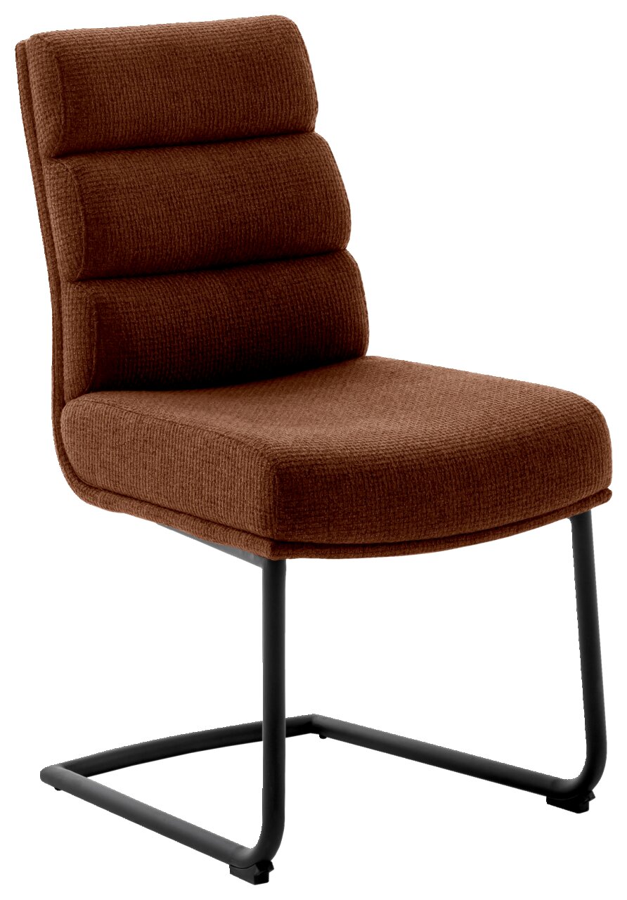 Brauner Freischwinger-Stuhl mit gepolsterter Sitzfläche und Rückenlehne, seitliche Perspektive