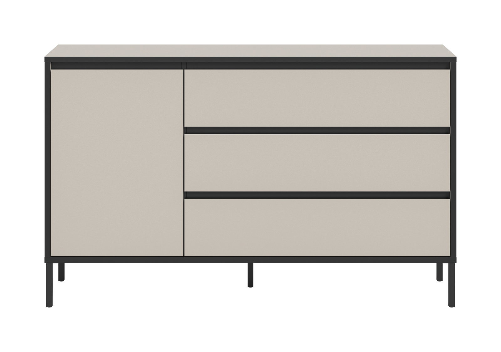 Modernes Sideboard mit drei Schubladen und einer Tür, frontal betrachtet