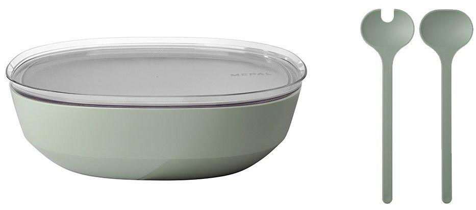 Salatset Silueta 3-tlg. in Salbeigrün, bestehend aus einer Schüssel mit transparentem Deckel und zwei Salatbestecken, seitliche Perspektive