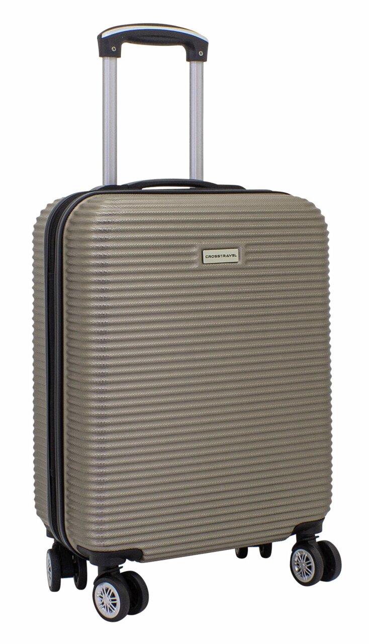 Trolley in Champagnerfarbe mit vier Rollen und ausziehbarem Griff, seitliche Perspektive