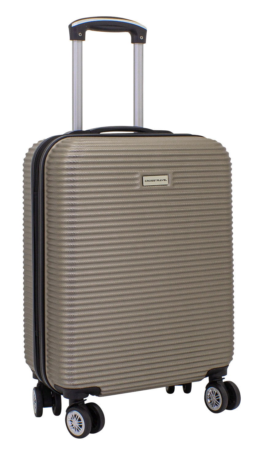 Trolley in Champagnerfarbe mit vier Rollen und ausziehbarem Griff, seitliche Perspektive