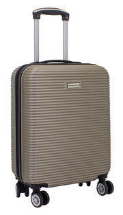 Trolley in Champagnerfarbe mit vier Rollen und ausziehbarem Griff, seitliche Perspektive