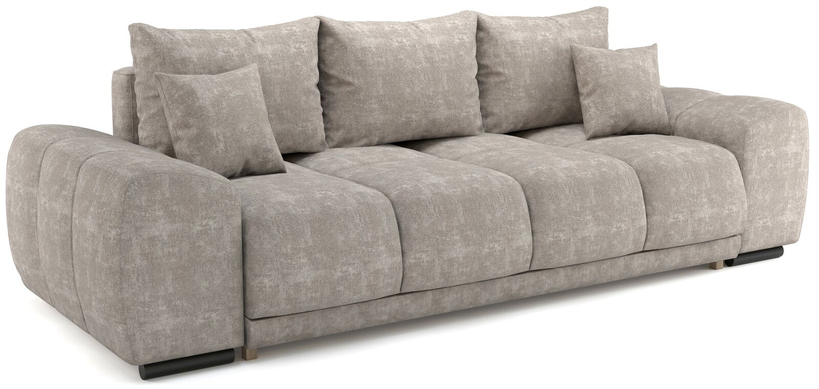 Beiges Funktionssofa mit weichen Kissen, seitliche Perspektive