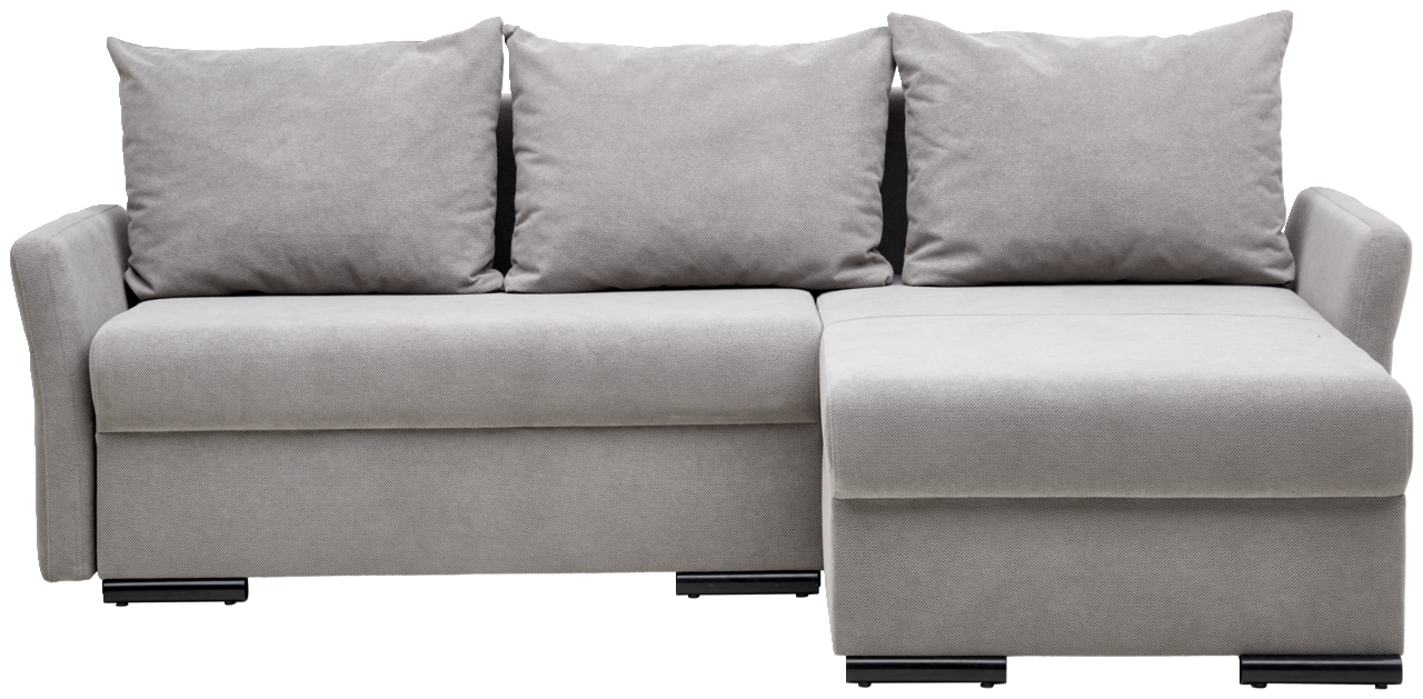 Graues Ecksofa mit drei großen Kissen, Vorderansicht