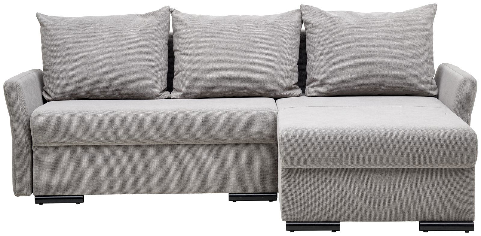 Graues Ecksofa mit drei großen Kissen, Vorderansicht