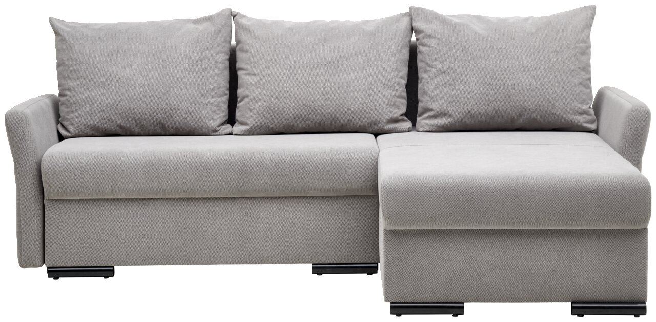 Graues Ecksofa mit drei großen Kissen, Vorderansicht