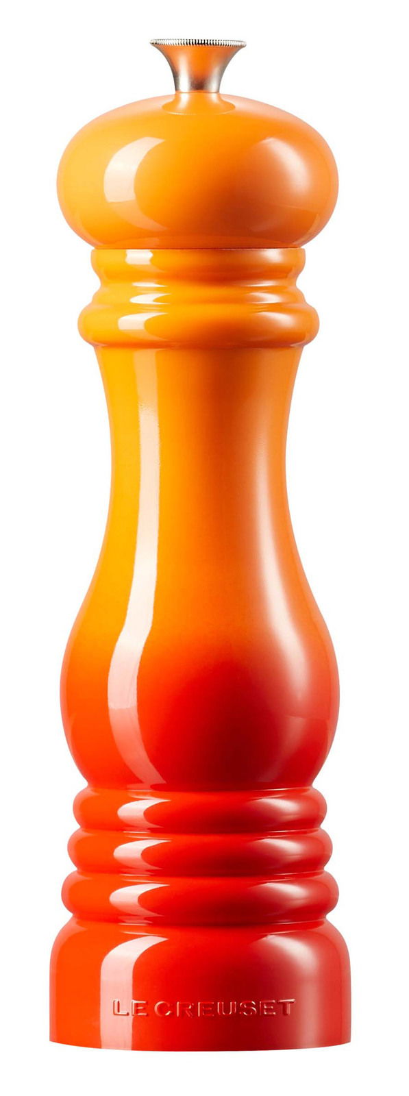 Pfeffermühle in ofenroter Farbe, frontal abgebildet mit glänzender Oberfläche und elegantem Design.