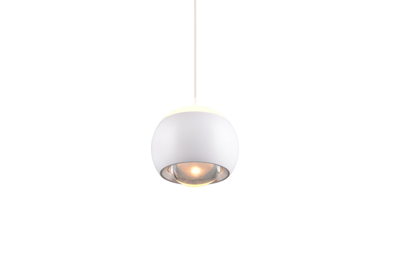 Moderne witte hanglamp in bolvorm, van voren van onderaf gefotografeerd