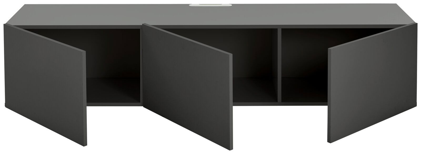 Graues TV-Hängelowboard mit zwei offenen Türen, frontale Ansicht