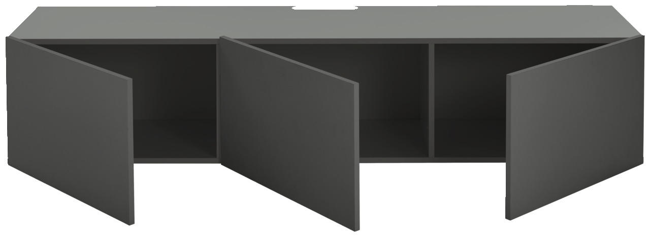 Graues TV-Hängelowboard mit zwei offenen Türen, frontale Ansicht