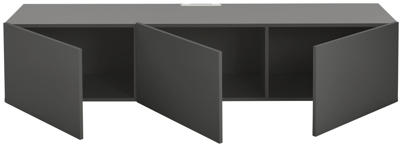 Graues TV-Hängelowboard mit zwei offenen Türen, frontale Ansicht