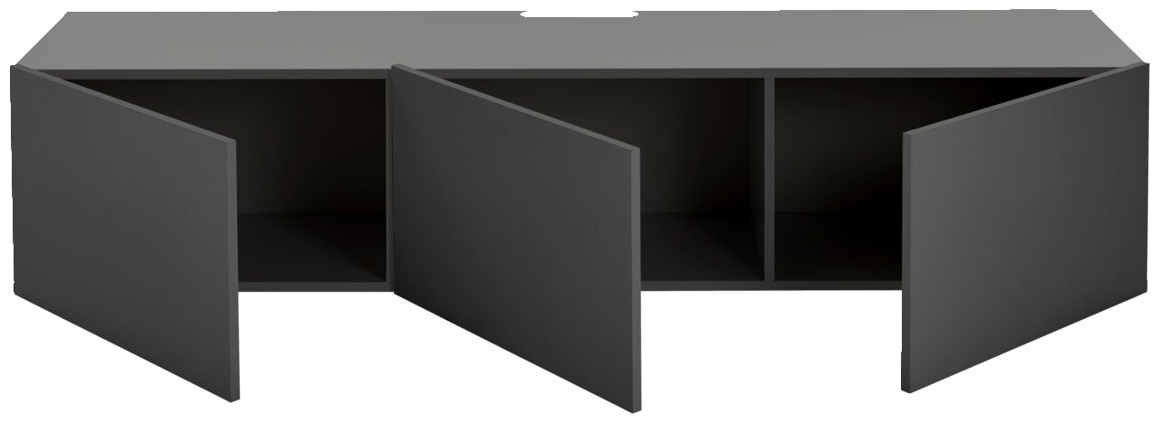 Grijs hangend tv-meubel met twee open deuren, vooraanzicht