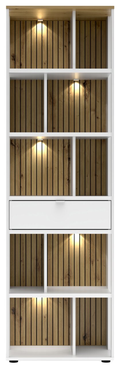 Büroregal mit weißem Rahmen und Holzelementen, beleuchtet, Frontalansicht