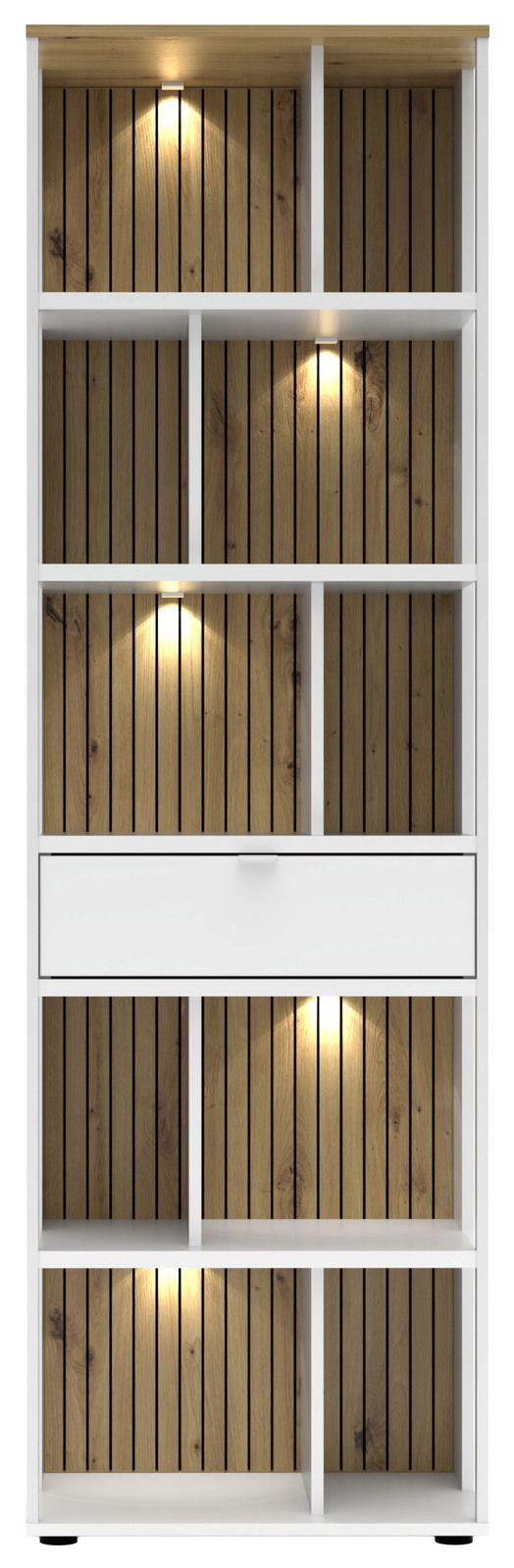Büroregal mit weißem Rahmen und Holzelementen, beleuchtet, Frontalansicht