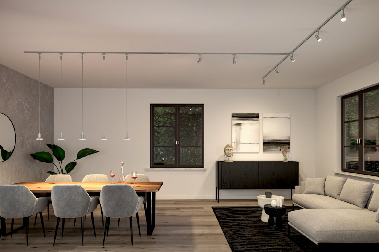 Moderne Esszimmeransicht mit PAULMANN Schienenpendel Runa URAIL, das über einem Esstisch hängt, mit sechs eleganten Pendelleuchten in einem stilvollen, minimalistischen Raum.