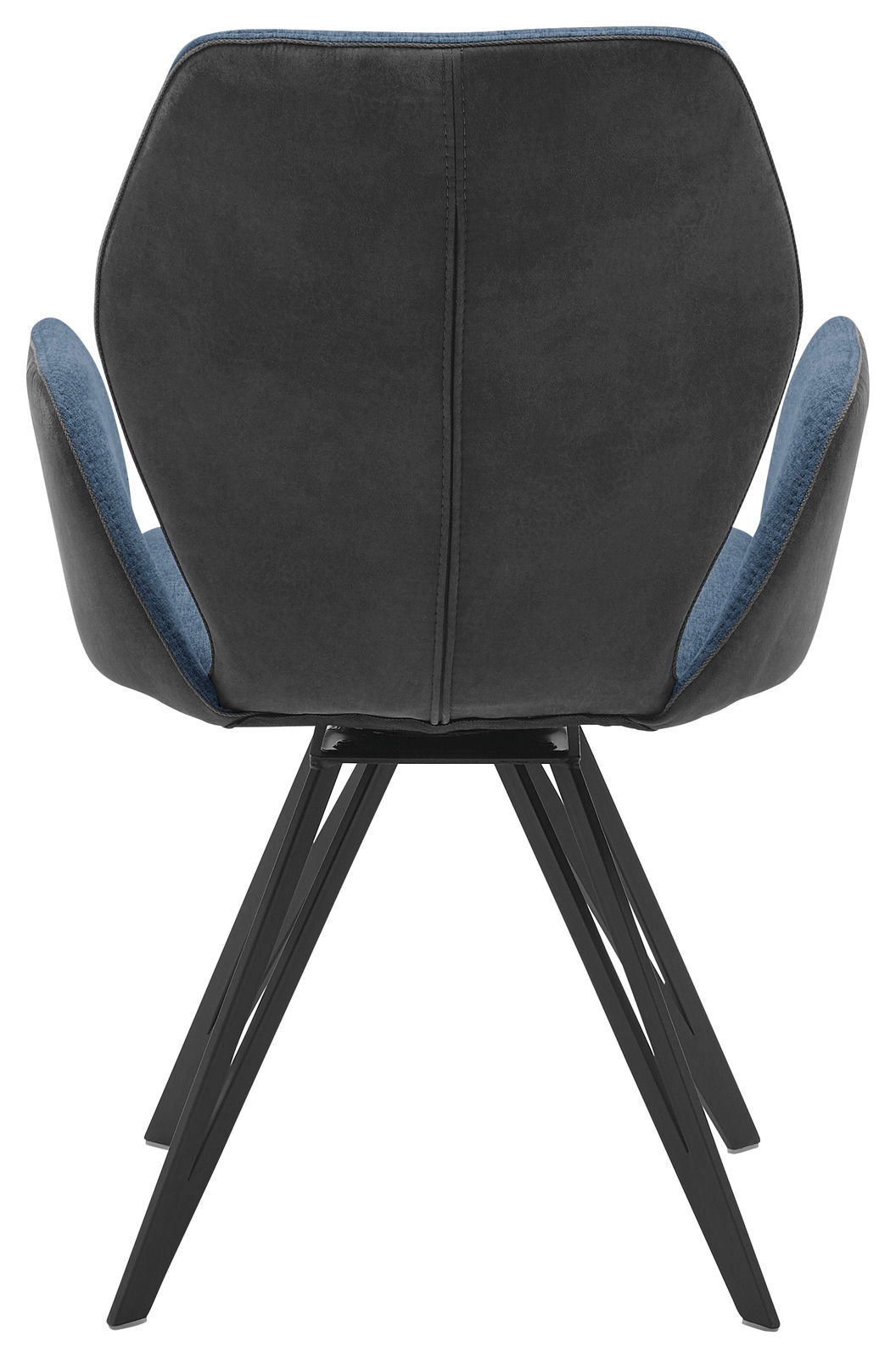 Rückansicht eines modernen Armlehnenstuhls mit schwarzem Gestell und blauer Polsterung.