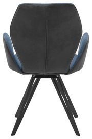 Rückansicht eines modernen Armlehnenstuhls mit schwarzem Gestell und blauer Polsterung.
