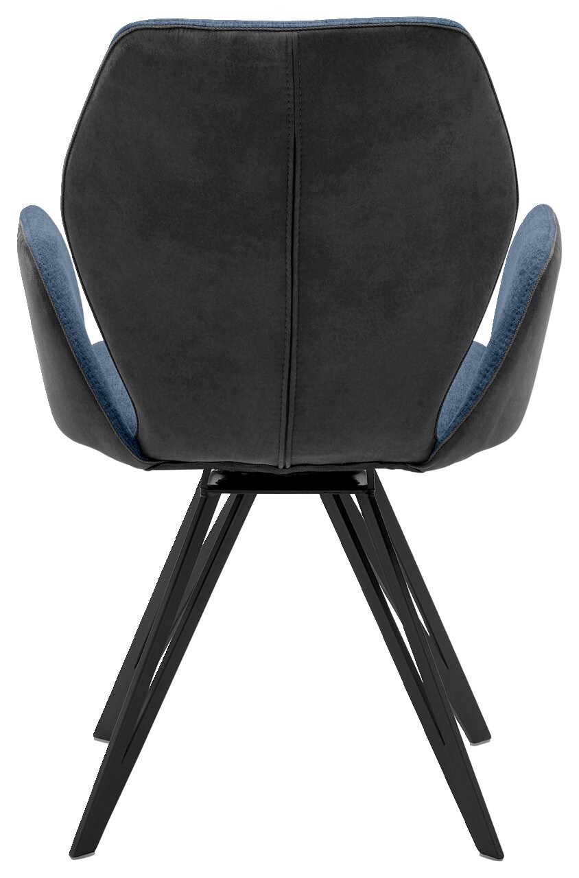 Rückansicht eines modernen Armlehnenstuhls mit schwarzem Gestell und blauer Polsterung.