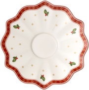 Kaffee-/Teeuntertasse weiß mit rotem Rand und weihnachtlichem Design, Draufsicht