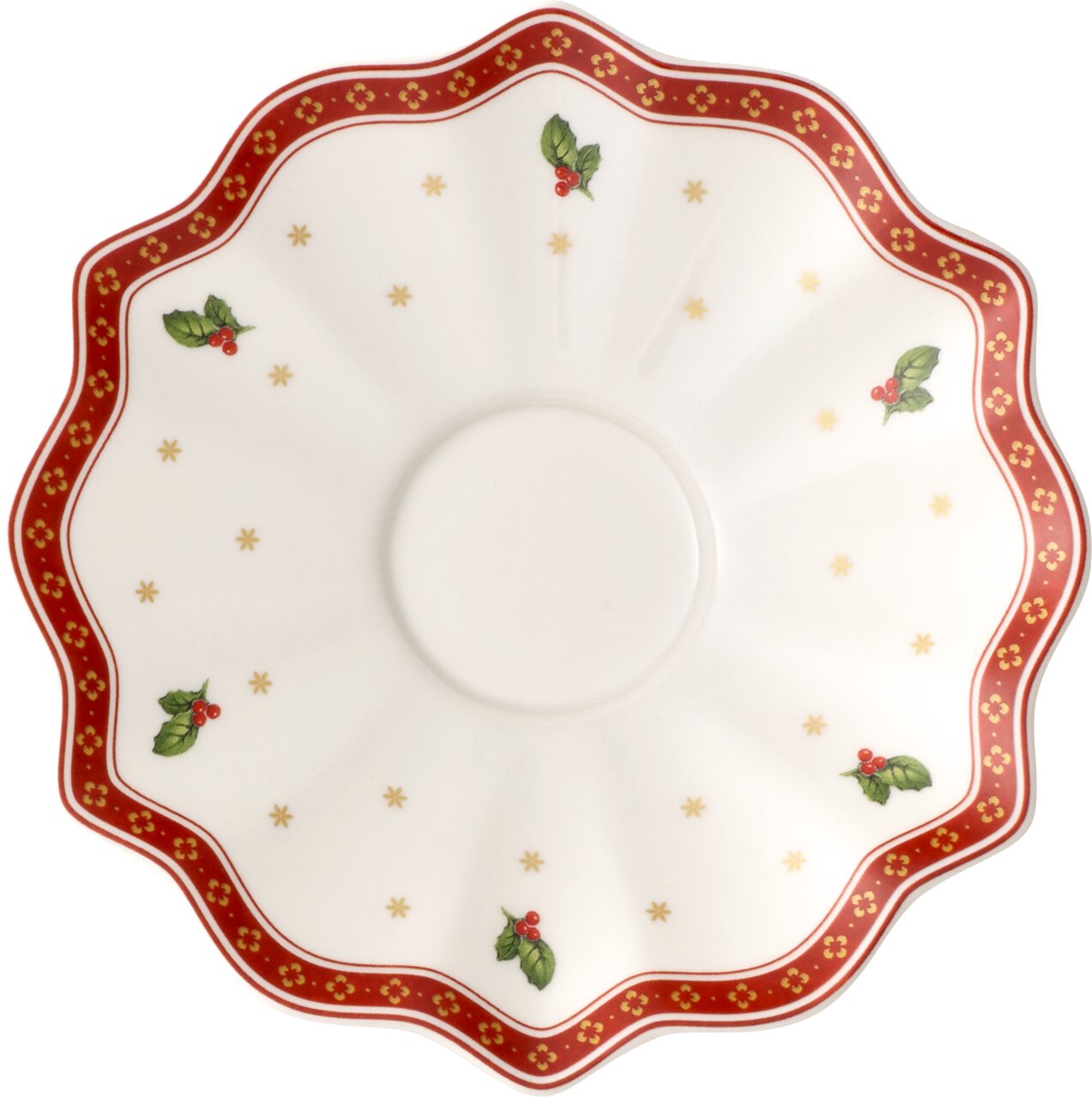 Kaffee-/Teeuntertasse weiß mit rotem Rand und weihnachtlichem Design, Draufsicht