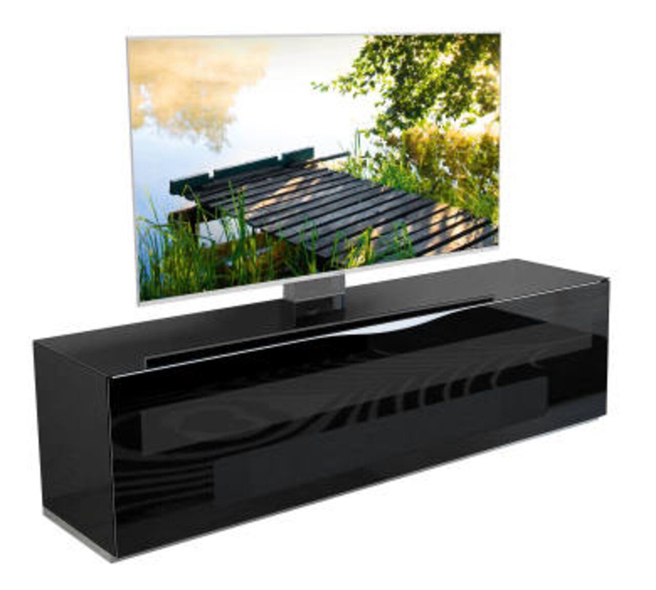Modernes schwarzes TV-Lowboard mit glänzender Oberfläche, frontal betrachtet, mit einem großen Flachbildfernseher darauf.