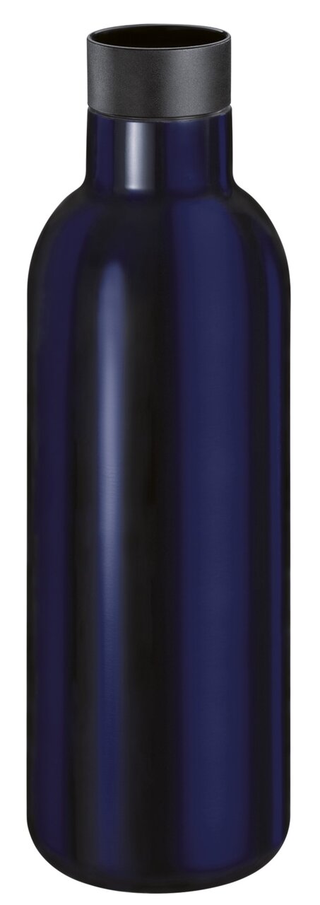Dunkelblaue Isoliertrinkflasche mit schwarzem Deckel, seitliche Perspektive