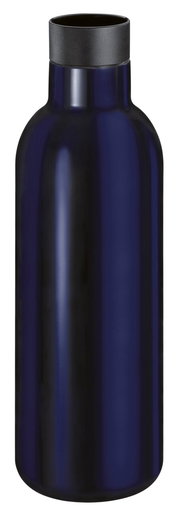 Dunkelblaue Isoliertrinkflasche mit schwarzem Deckel, seitliche Perspektive