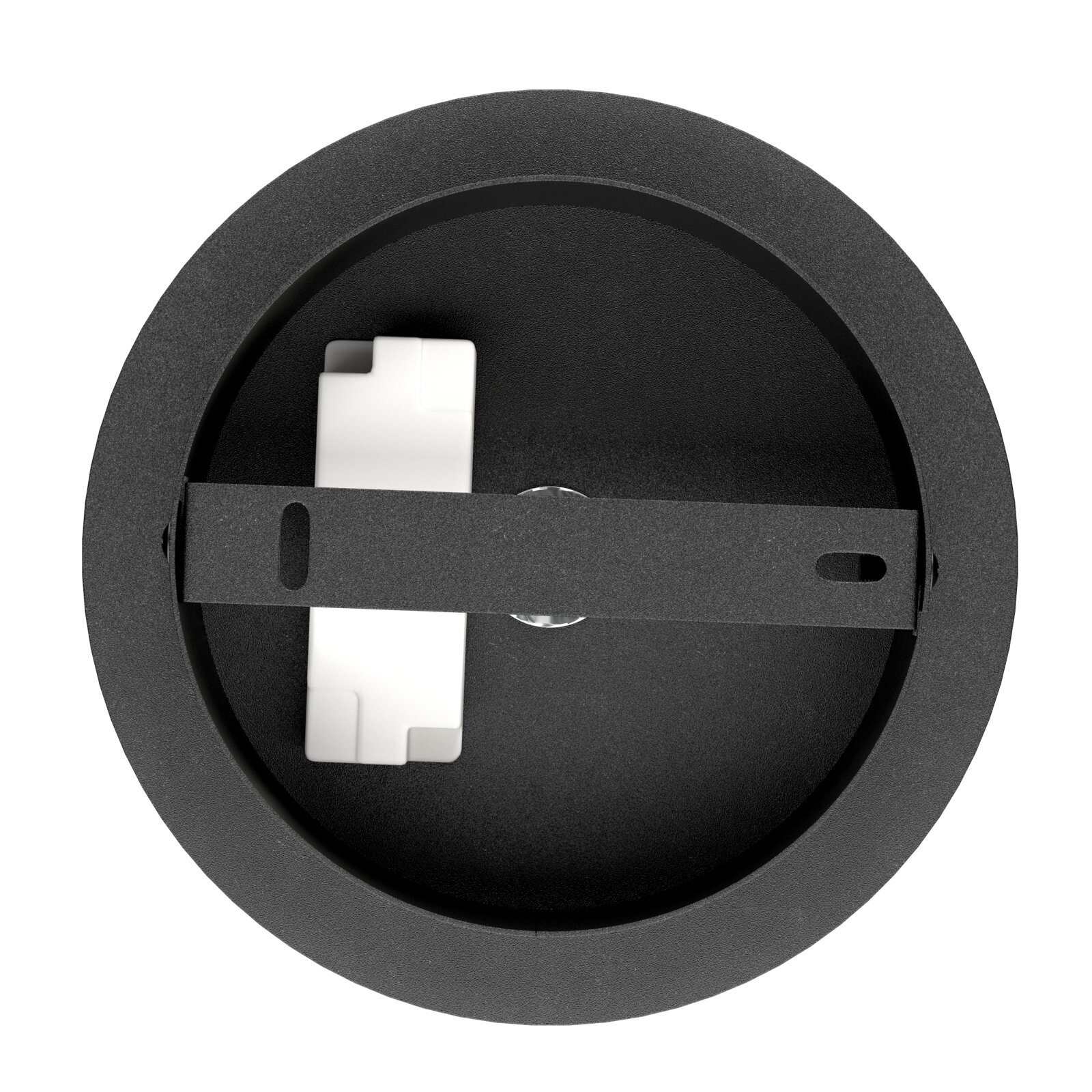 Aanzicht van onderaf op een ronde hanglamp met een zwarte behuizing en een wit element.