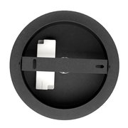 Ansicht von unten auf eine runde Hängeleuchte mit schwarzem Gehäuse und weißem Element.