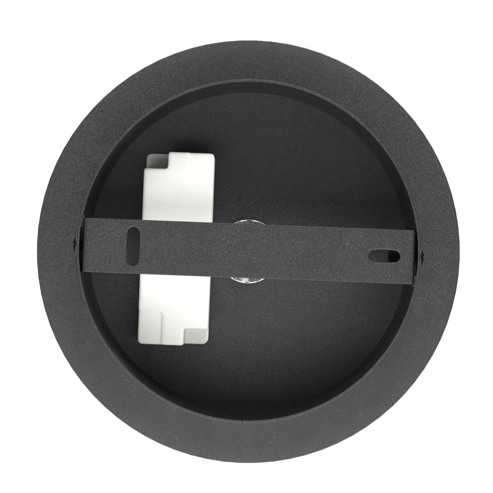 Ansicht von unten auf eine runde Hängeleuchte mit schwarzem Gehäuse und weißem Element.