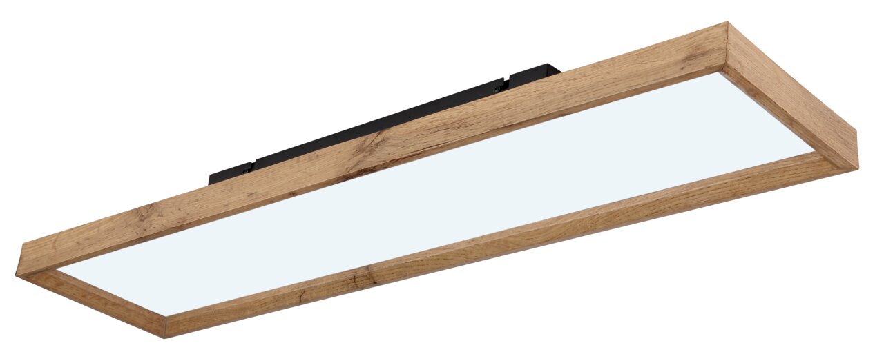 Rechteckige Deckenleuchte mit Holzrahmen, seitliche Perspektive